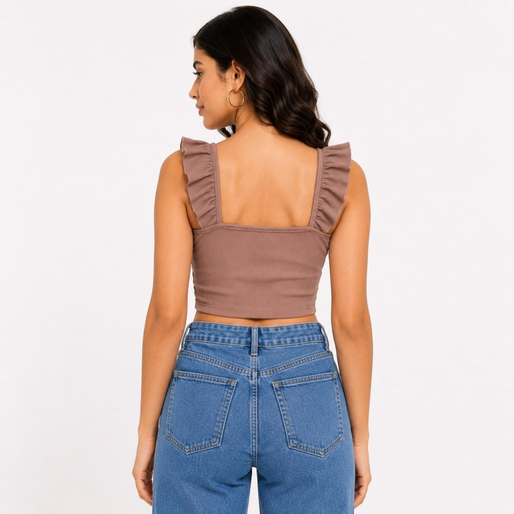 Women's Majestic Cocoa Brown Ribbed Corset Top with Ruffled Straps and Center-Front Tie Detailing-3