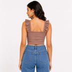 Women's Majestic Cocoa Brown Ribbed Corset Top with Ruffled Straps and Center-Front Tie Detailing-3