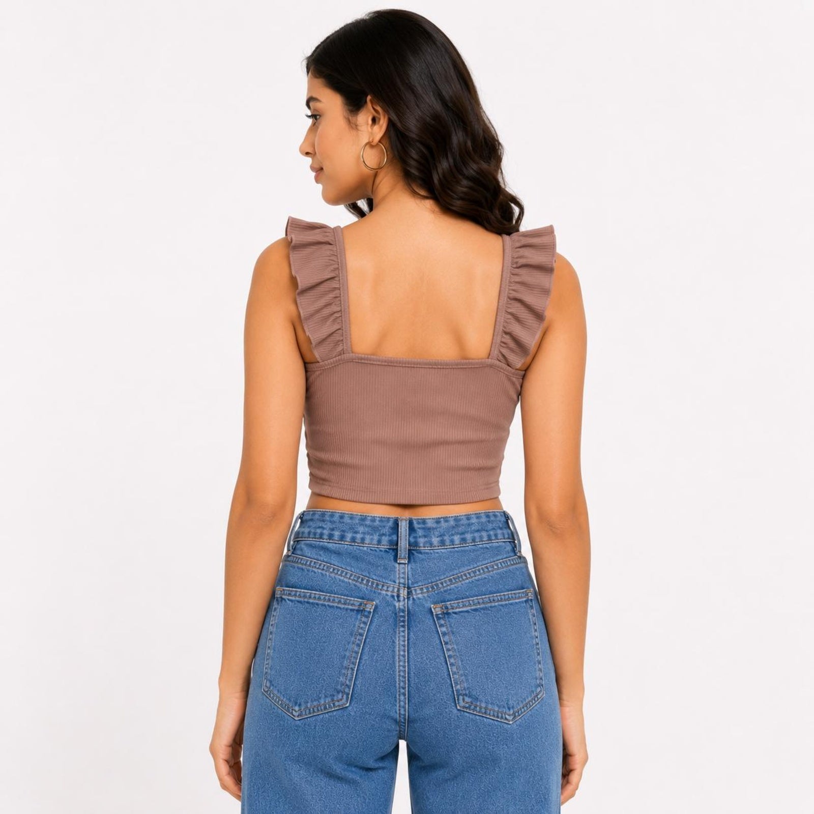 Women's Majestic Cocoa Brown Ribbed Corset Top with Ruffled Straps and Center-Front Tie Detailing-3