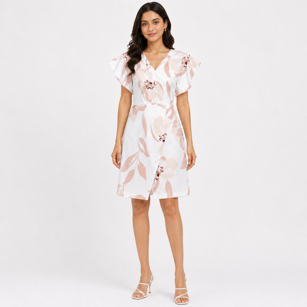 Women's Cream Floral Print V-Neck Ruffle Sleeve A-Line Dress-2