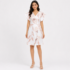 Women's Cream Floral Print V-Neck Ruffle Sleeve A-Line Dress-2