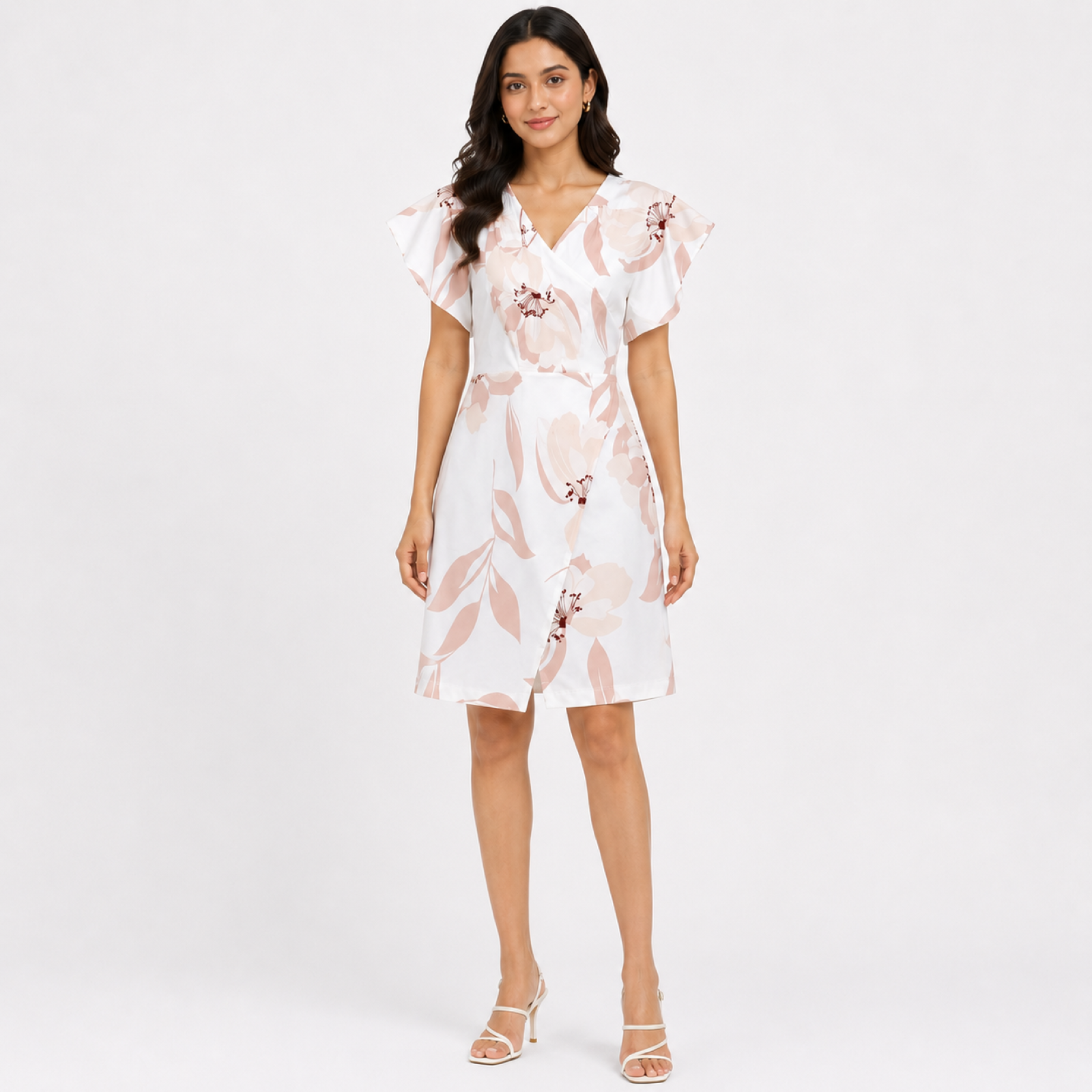 Women's Cream Floral Print V-Neck Ruffle Sleeve A-Line Dress-2