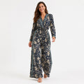 Women's Navy Blue Floral Border Print V-Neck Wide Leg Jumpsuit | Full Sleeve Resort Wear Jumpsuit-1