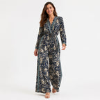 Women's Navy Blue Floral Border Print V-Neck Wide Leg Jumpsuit | Full Sleeve Resort Wear Jumpsuit-1
