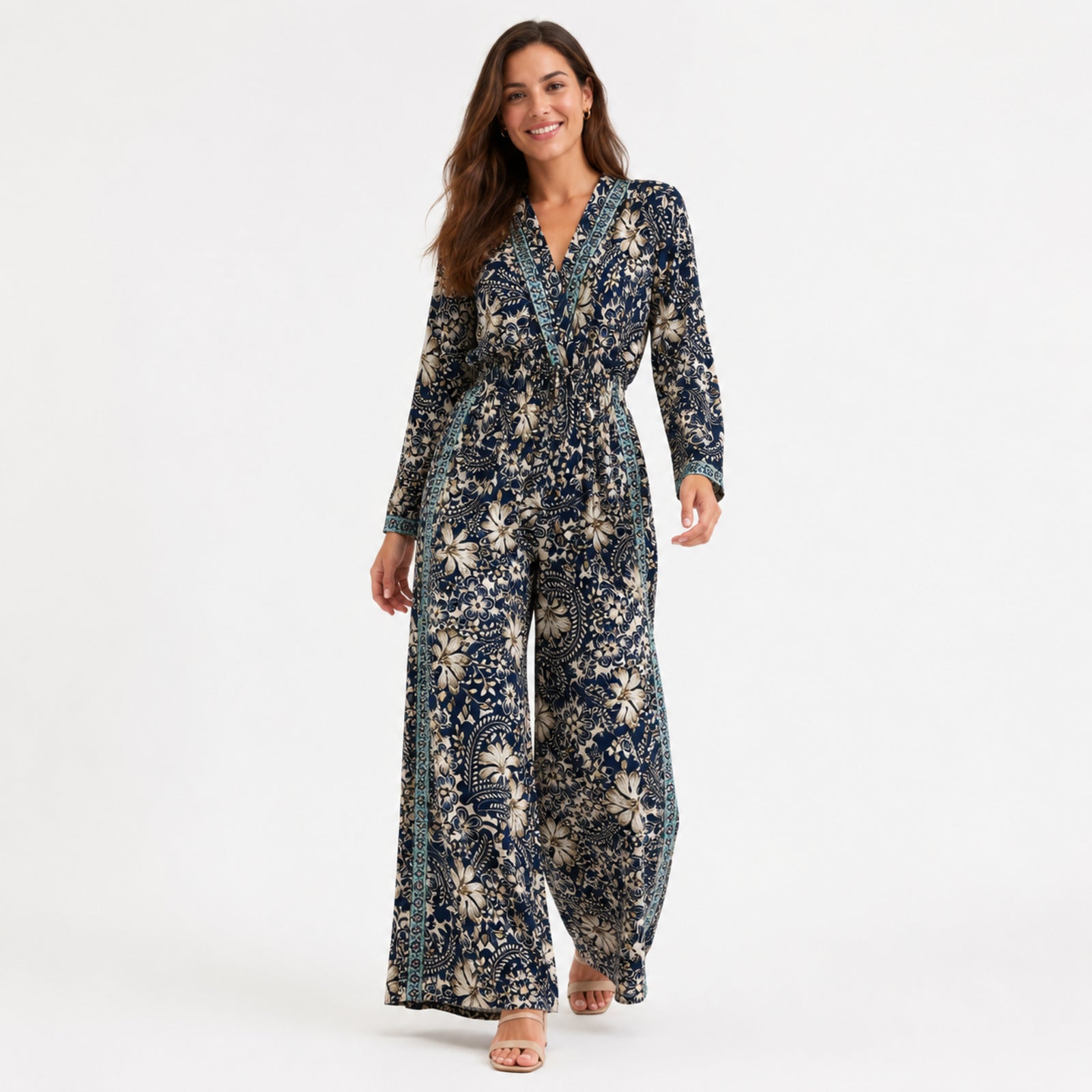 Women's Navy Blue Floral Border Print V-Neck Wide Leg Jumpsuit | Full Sleeve Resort Wear Jumpsuit-1