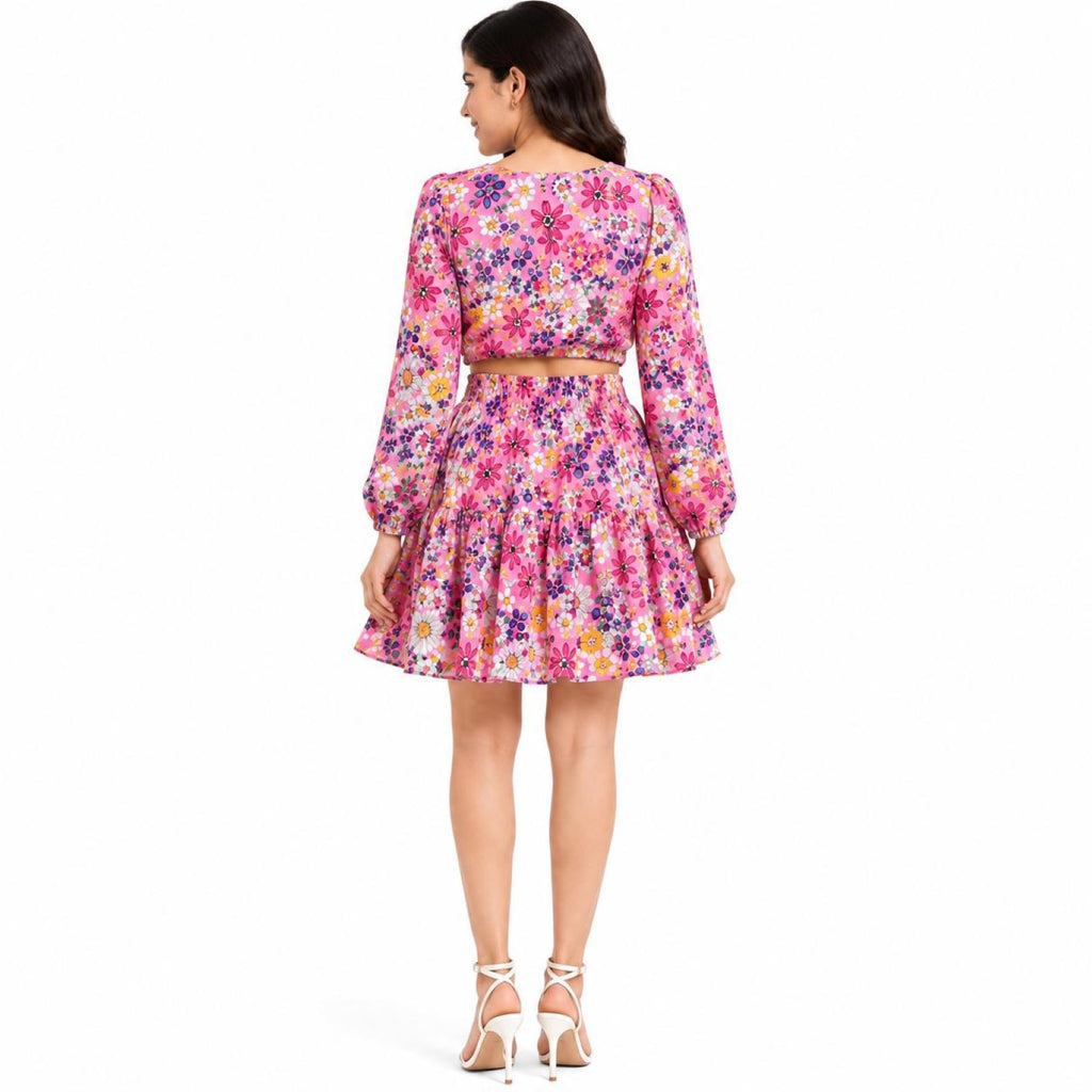 Women's Pink Floral Print Co-Ord Set | Long Sleeve Crop Top with Tiered Mini Skirt-4