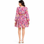 Women's Pink Floral Print Co-Ord Set | Long Sleeve Crop Top with Tiered Mini Skirt-4