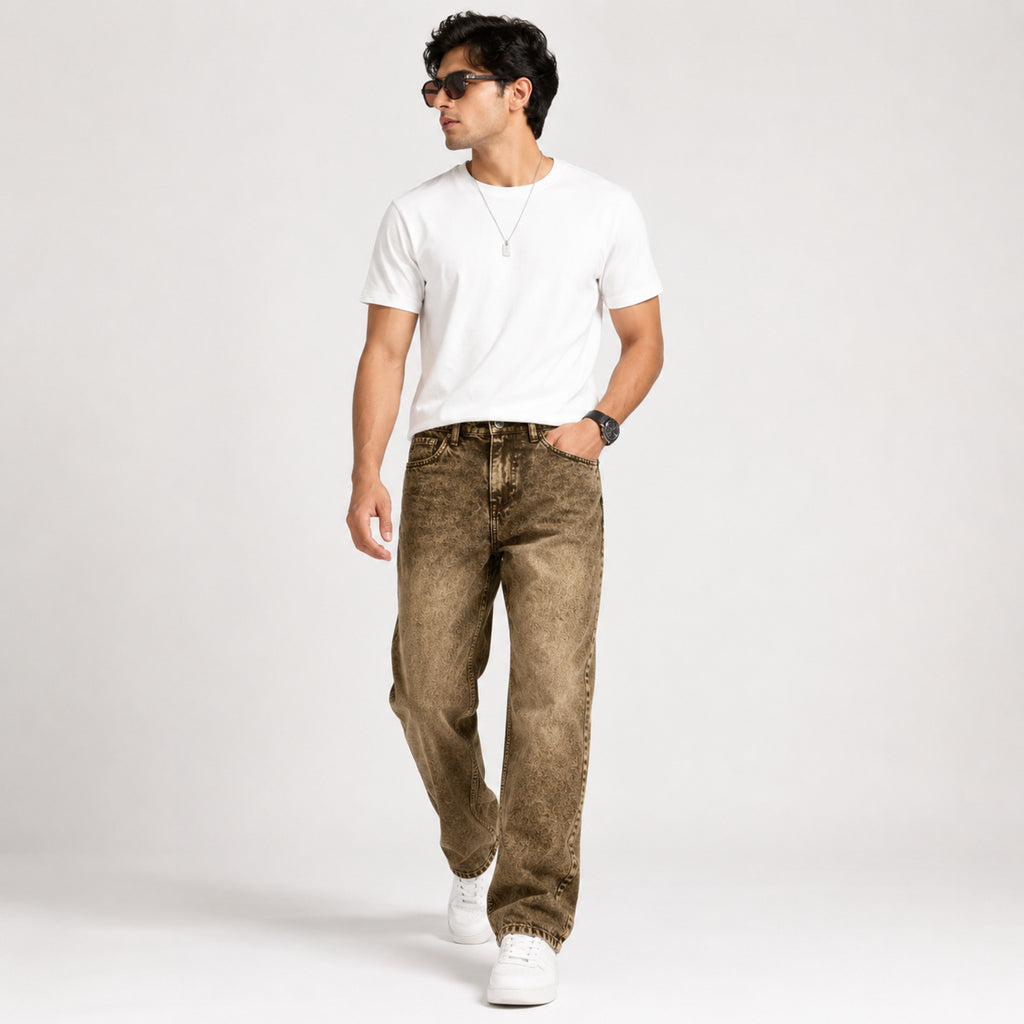 Men's Faded Yellow Vintage Wash Straight Fit Denim Jeans-2