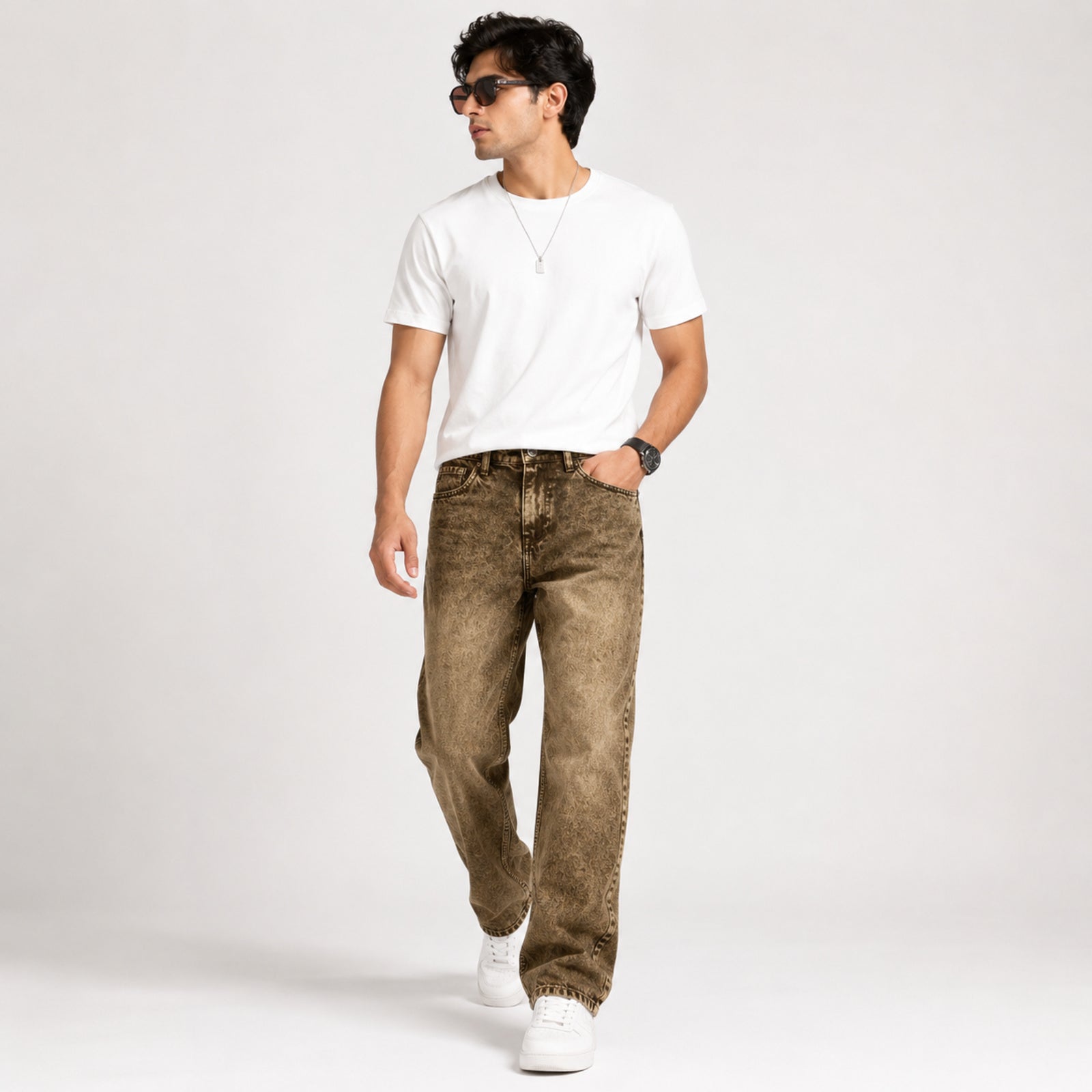 Men's Faded Yellow Vintage Wash Straight Fit Denim Jeans-2