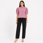 Women's Pink Solid Mock Neck Puff Sleeve Top-4