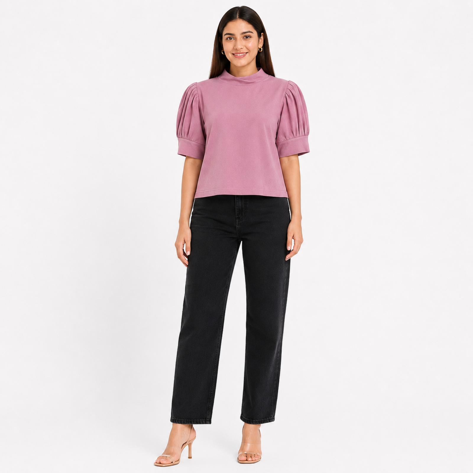 Women's Pink Solid Mock Neck Puff Sleeve Top-4