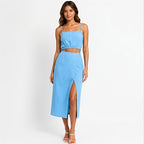 Women's Blue Solid Sleeveless Spaghetti Strap Crop Top and High Slit Midi Skirt Co-Ord Set for Party Wear-1