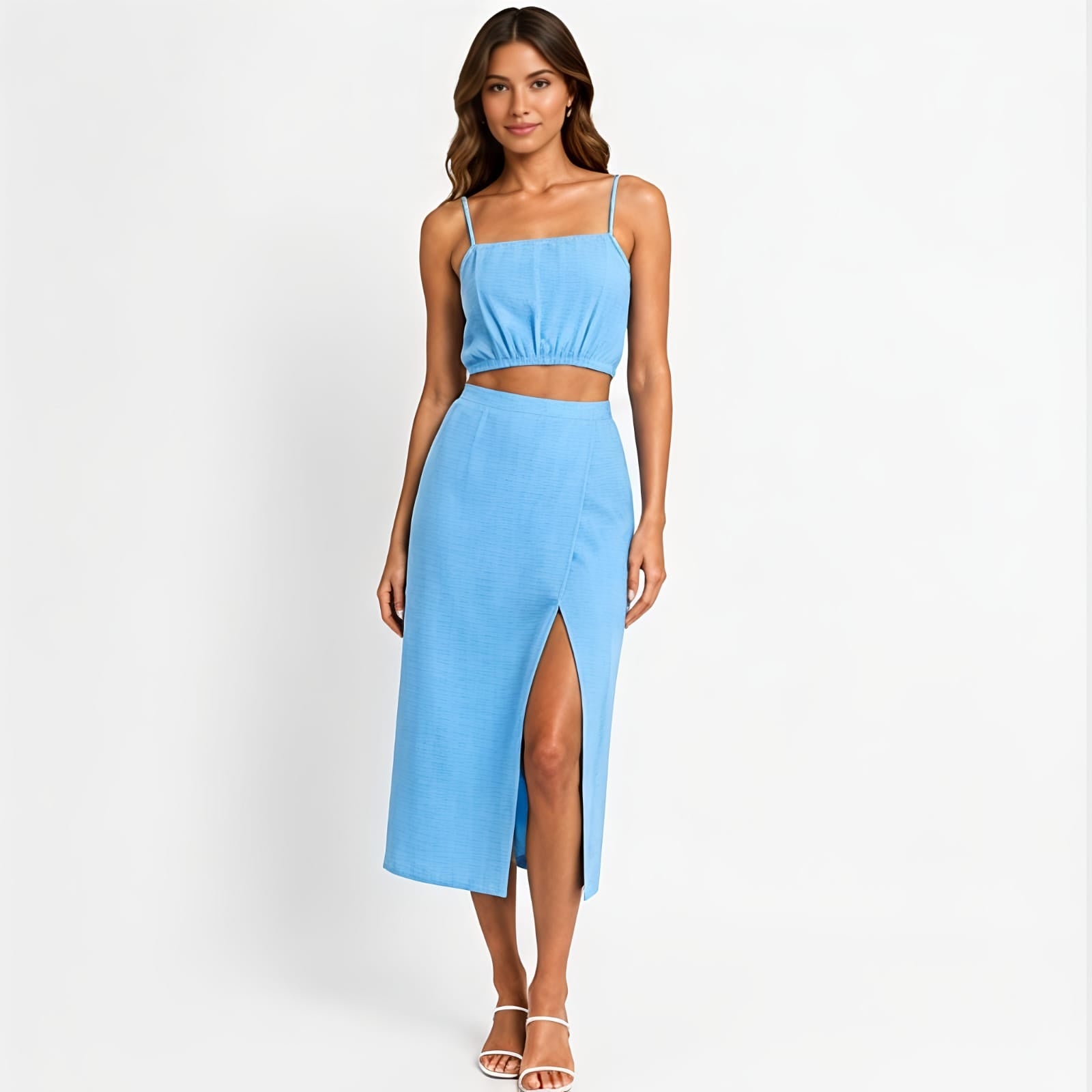 Women's Blue Solid Sleeveless Spaghetti Strap Crop Top and High Slit Midi Skirt Co-Ord Set for Party Wear-1