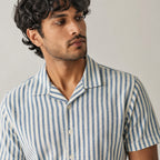 Men's White & Blue Vertical Stripe Cuban Collar Shirt-4
