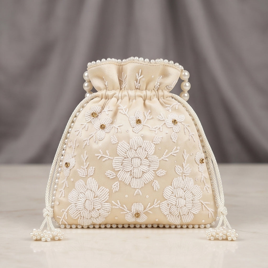 Women's Luxury Cream Embroidered Potli Bag with Pearl Handle and Beaded Floral Clusters-1