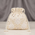 Women's Luxury Cream Embroidered Potli Bag with Pearl Handle and Beaded Floral Clusters-1