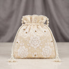 Women's Luxury Cream Embroidered Potli Bag with Pearl Handle and Beaded Floral Clusters-1