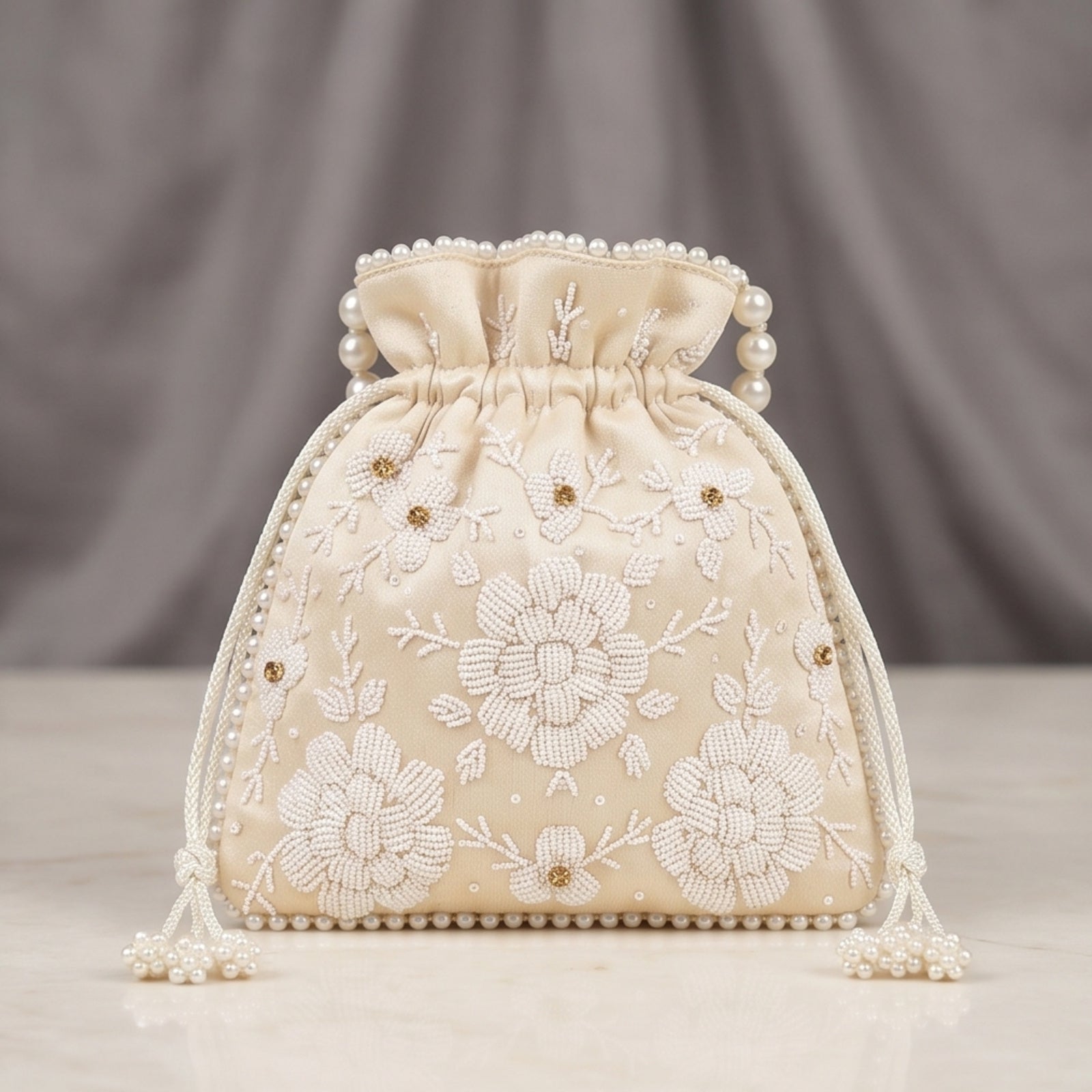 Women's Luxury Cream Embroidered Potli Bag with Pearl Handle and Beaded Floral Clusters-1