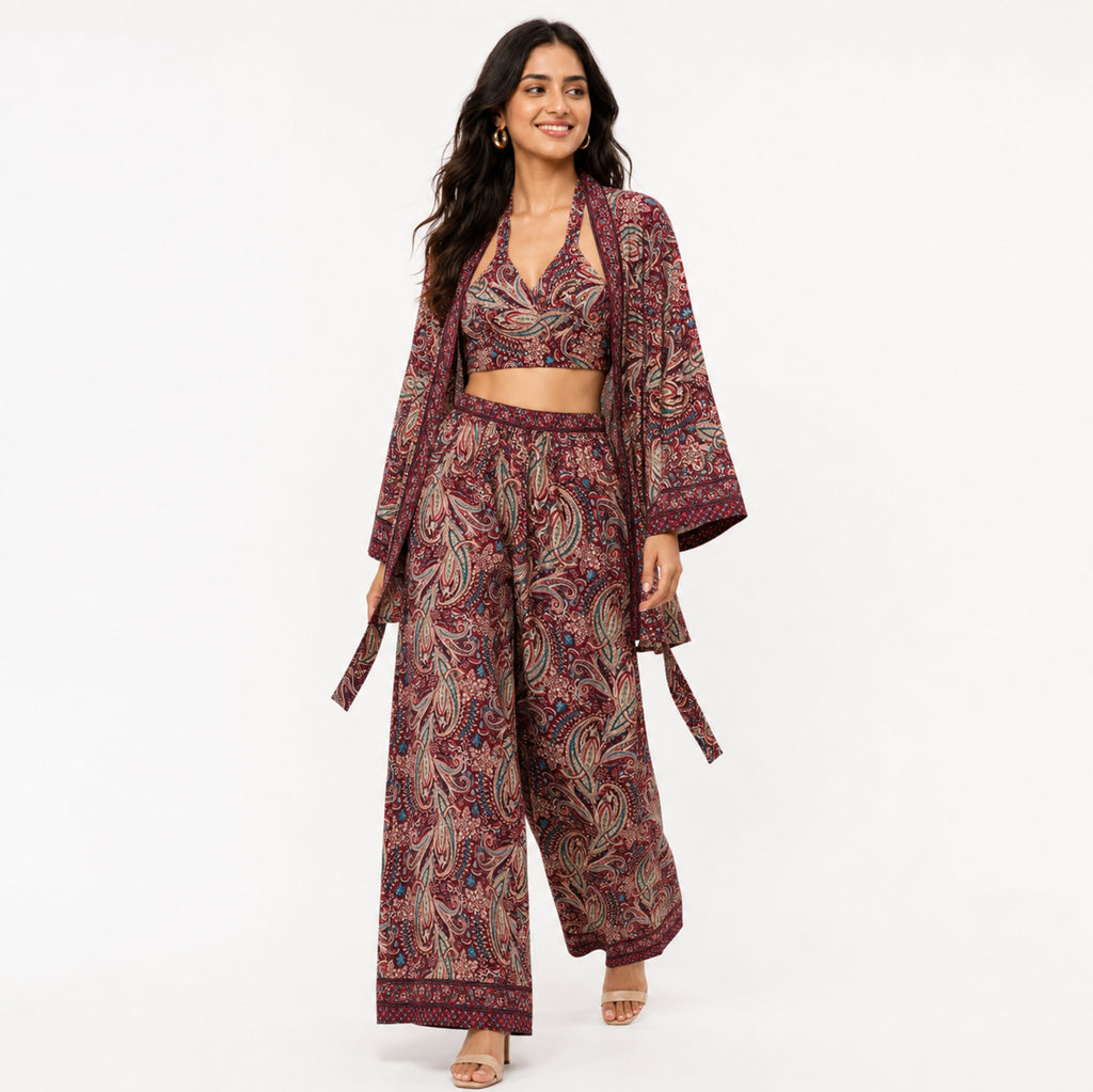 Women's Maroon Paisley 3-Piece Co-Ord Set with Kimono Shrug-1