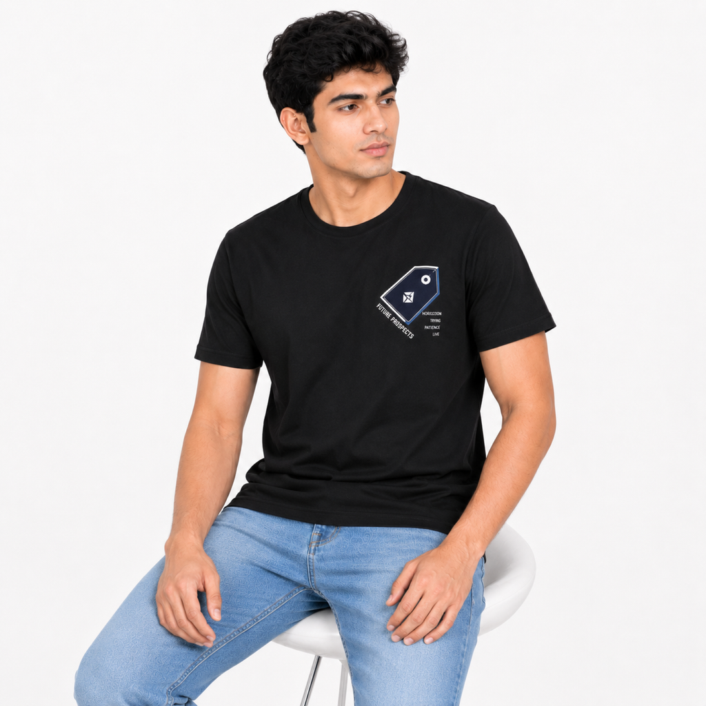 Men's Black Minimal Geometric Chest Print Crew Neck T-Shirt | Regular Fit Half Sleeve Casual Tee-2
