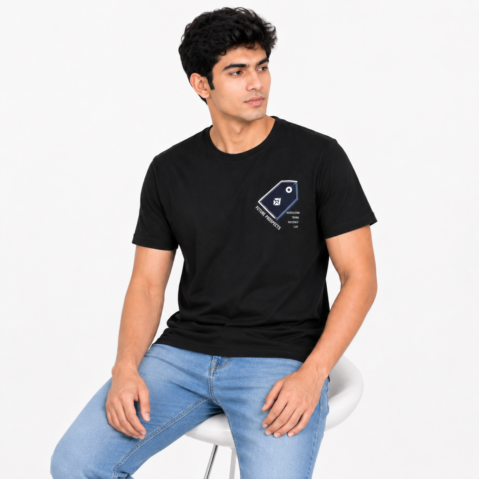 Men's Black Minimal Geometric Chest Print Crew Neck T-Shirt | Regular Fit Half Sleeve Casual Tee-2