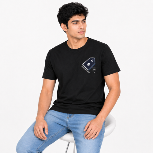 Men's Black Minimal Geometric Chest Print Crew Neck T-Shirt | Regular Fit Half Sleeve Casual Tee-2