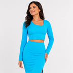 Women's Blue Long Sleeve Crop Top & Midi Skirt Co-Ord Set-3