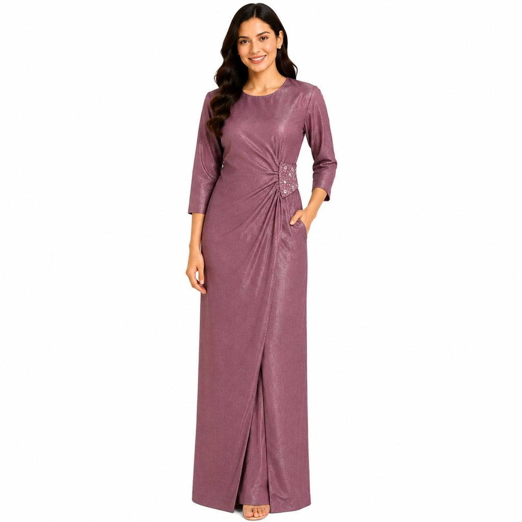 Women's Mauve Embellished Waist Detail Maxi Evening Dress-2