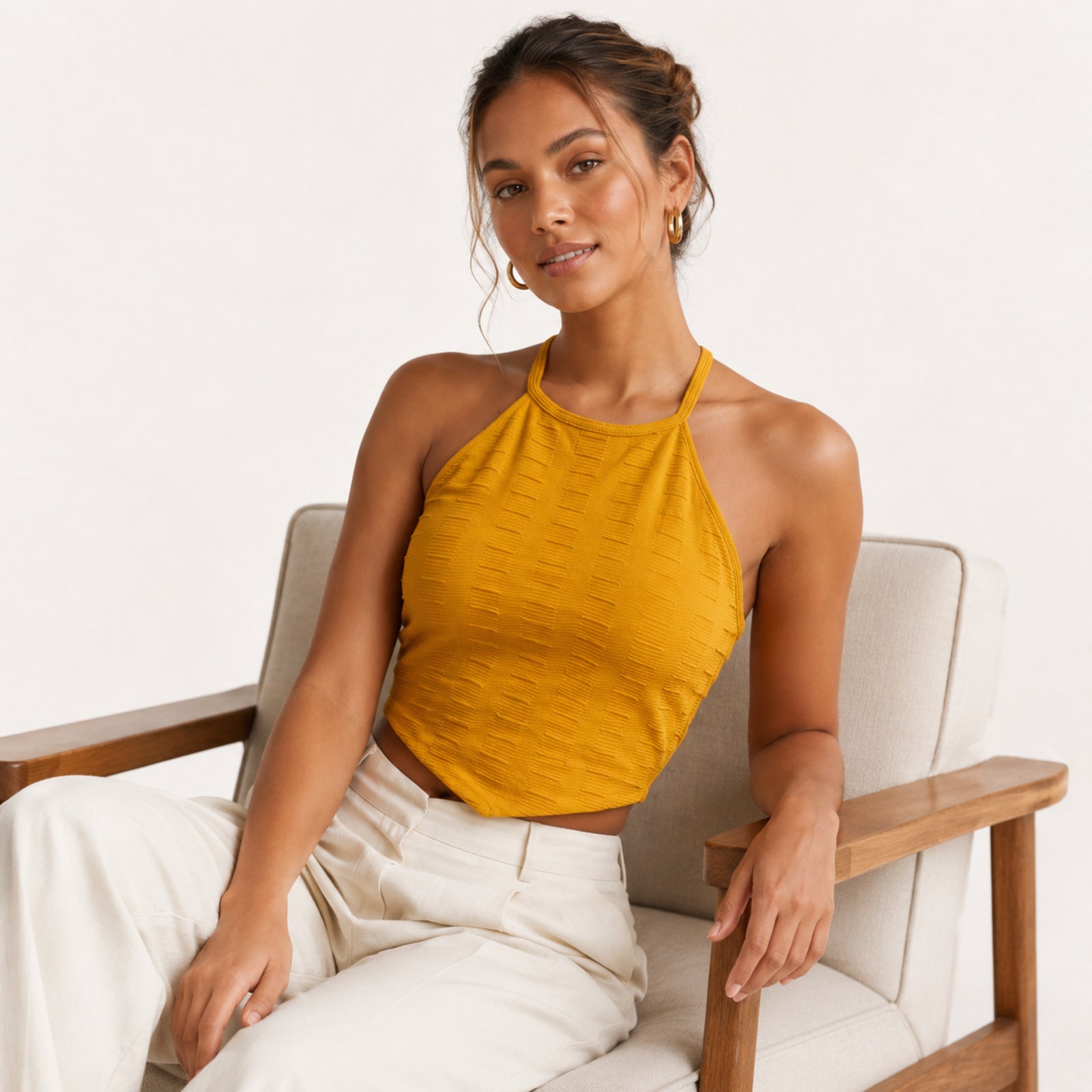 Women's Yellow Halter Neck Crop Top-4