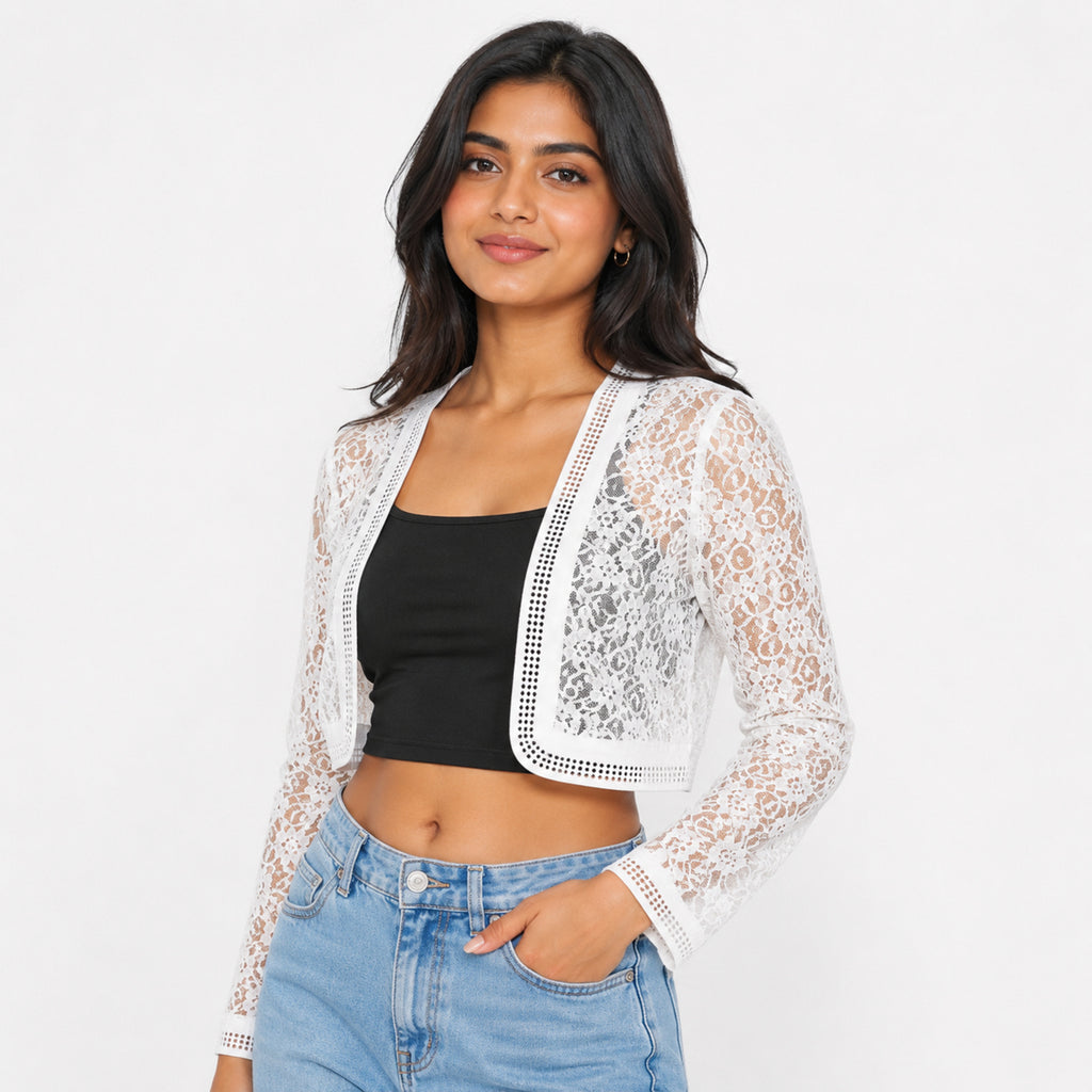 Women's Celestial Alabaster White Sheer Floral Lace Shrug Blazer-3