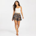 Women's Mustard Paisley Print Boho Flared Shorts | High-Rise Casual Summer Shorts-1