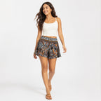 Women's Mustard Paisley Print Boho Flared Shorts | High-Rise Casual Summer Shorts-1