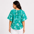 Women's Emerald Bloom Green Floral Flutter Sleeve Top-4