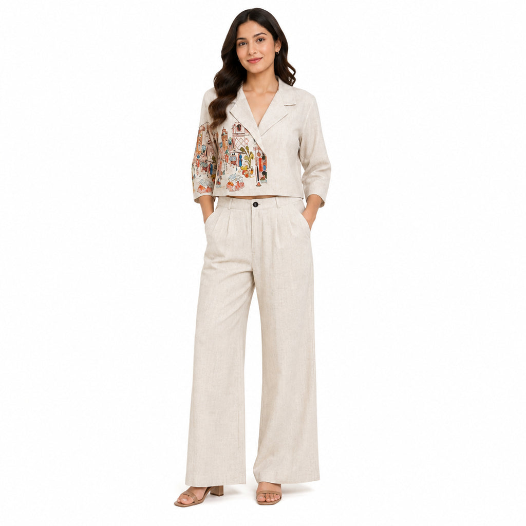 Women's Ivory Printed Cropped Blazer Wide-Leg Pants Set-1