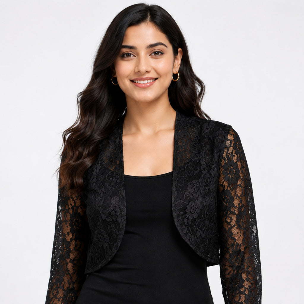 Women's Black Lace Bolero Shrug with Full Sleeves-2