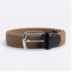 Unisex Luxury Braided Elastic Mustard Belt with Polished Silver Buckle and Black Leather Accents-1