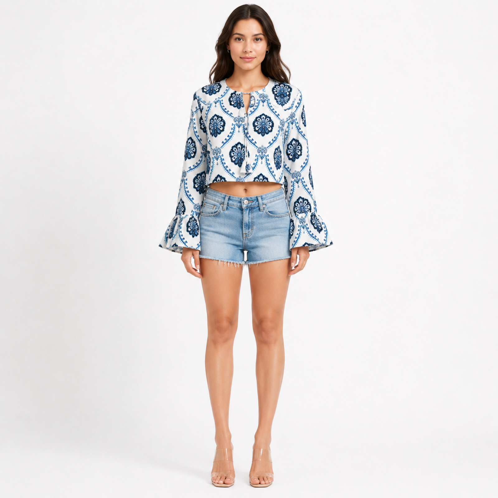 Women's White Blue Floral Print Bell Sleeve Crop Top-3