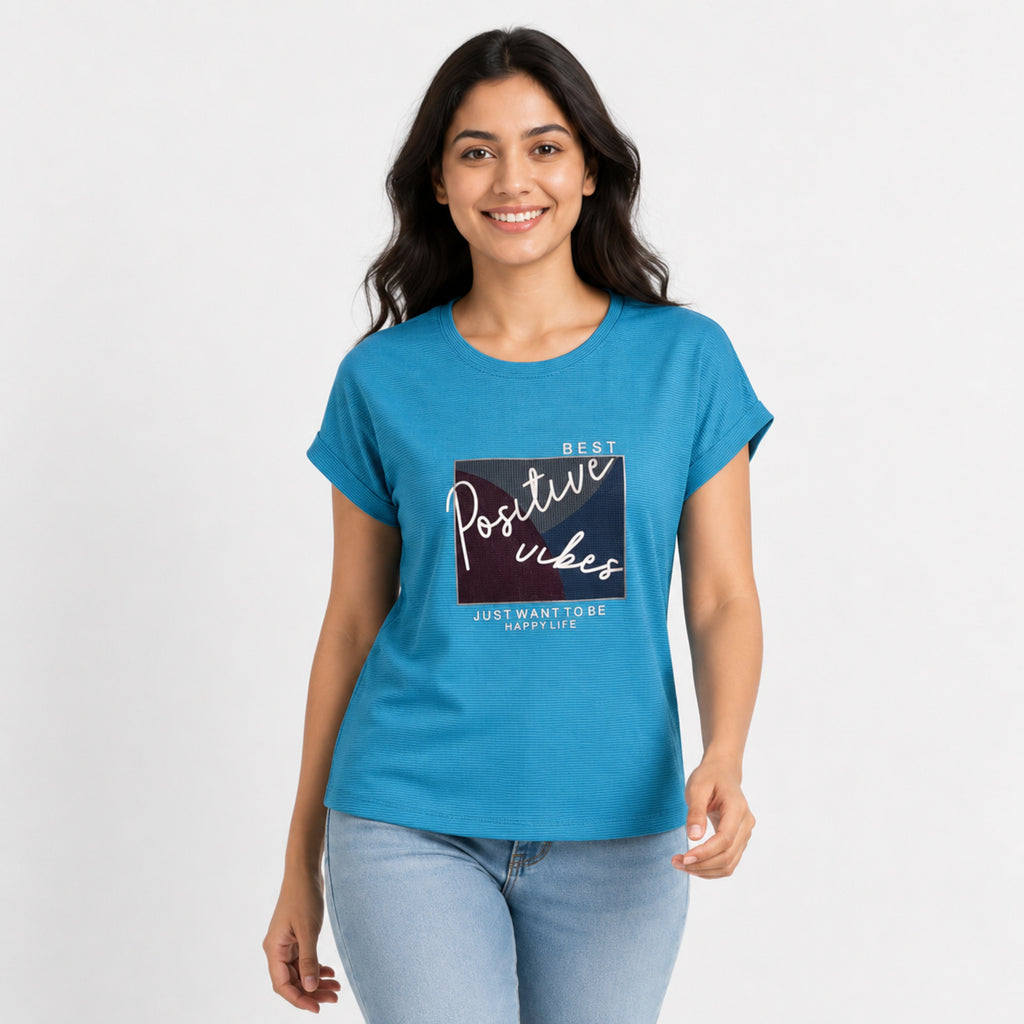 Women's Blue Graphic Printed Casual T-Shirt | Positive Vibes Round Neck Tee-2