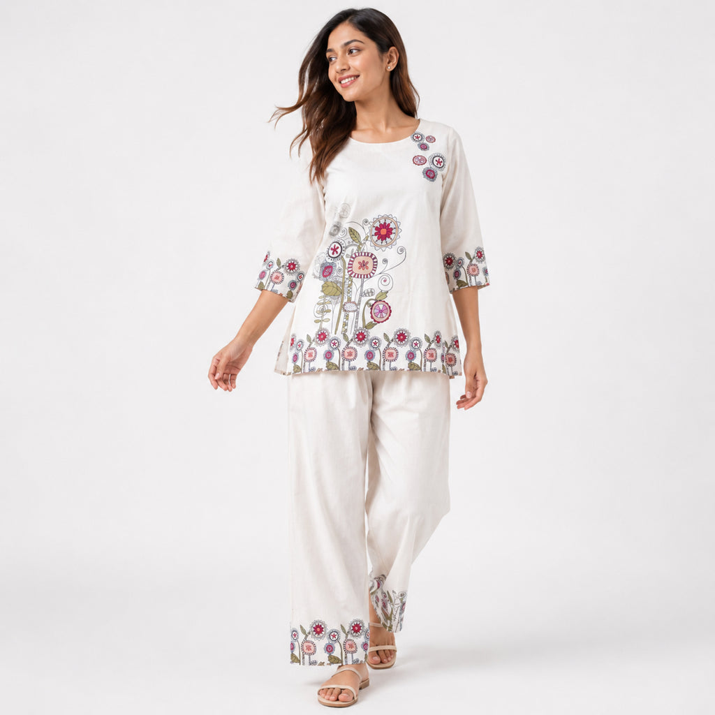 Women's Elegant Whimsical Floral Printed Beige Kurta and Palazzo Set-1