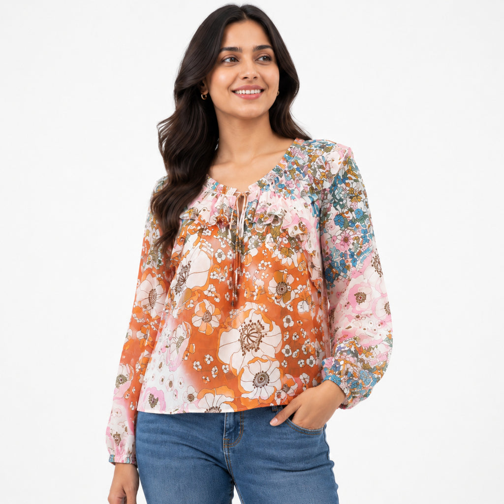 Women's Beige Floral Tie-Neck Peasant Top with Balloon Sleeves-3