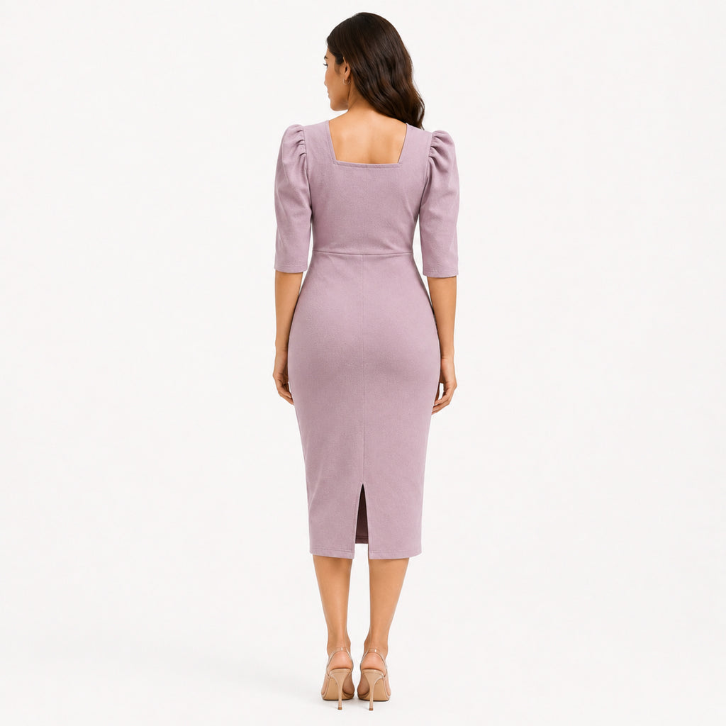 Women's Light Pink Square Neck Bodycon Midi Dress with Puff Sleeves-4