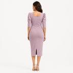 Women's Light Pink Square Neck Bodycon Midi Dress with Puff Sleeves-4