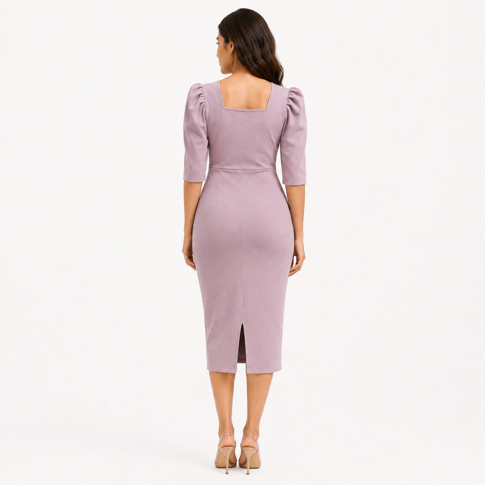 Women's Light Pink Square Neck Bodycon Midi Dress with Puff Sleeves-4