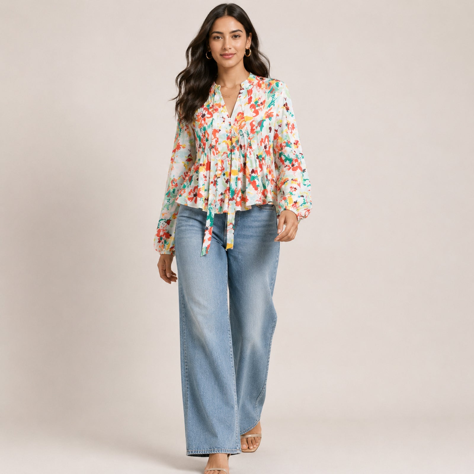 Women's Solstice Bloom Orange Printed Peplum Top-1