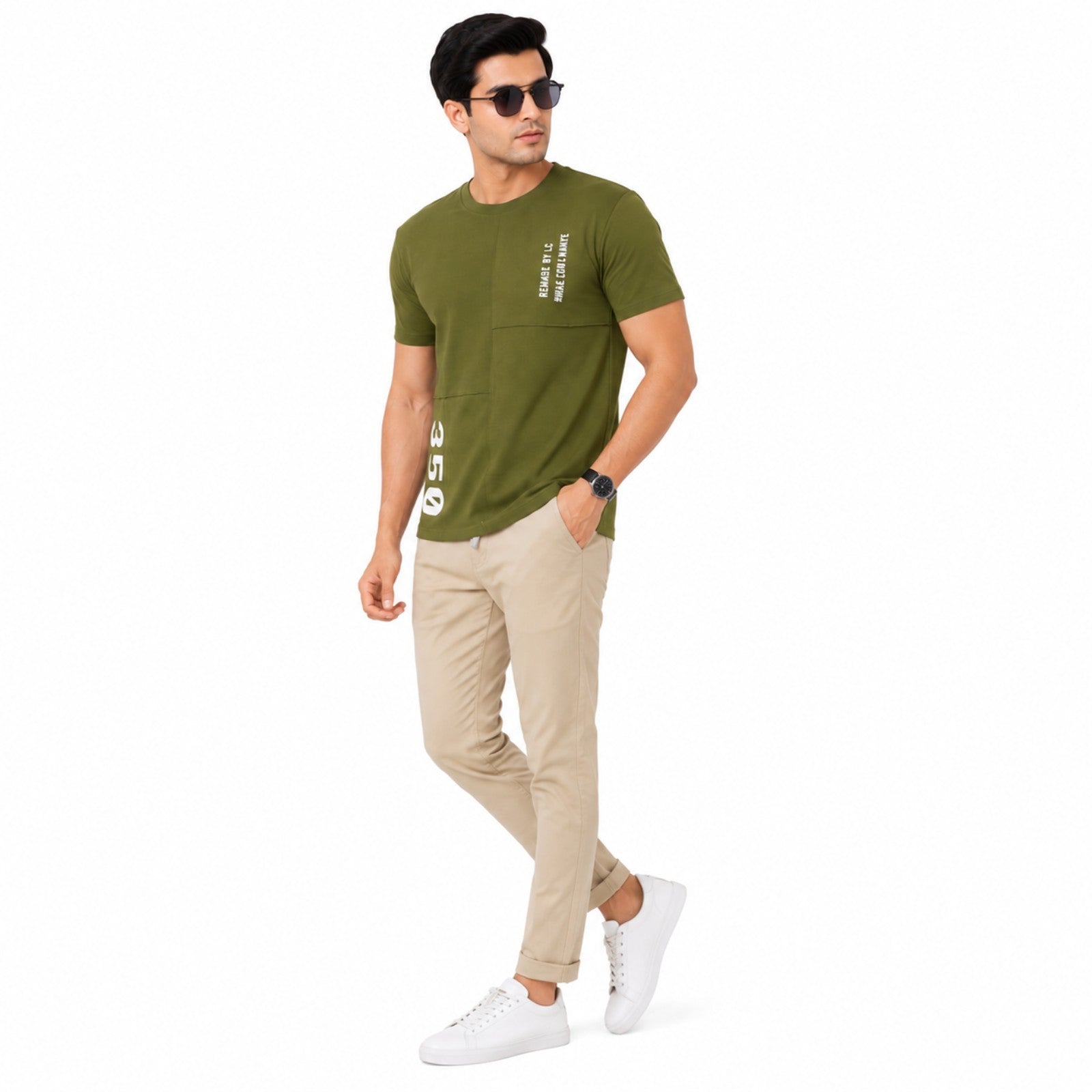 Men's Olive Green Typography Printed Slim Fit T-Shirt-3
