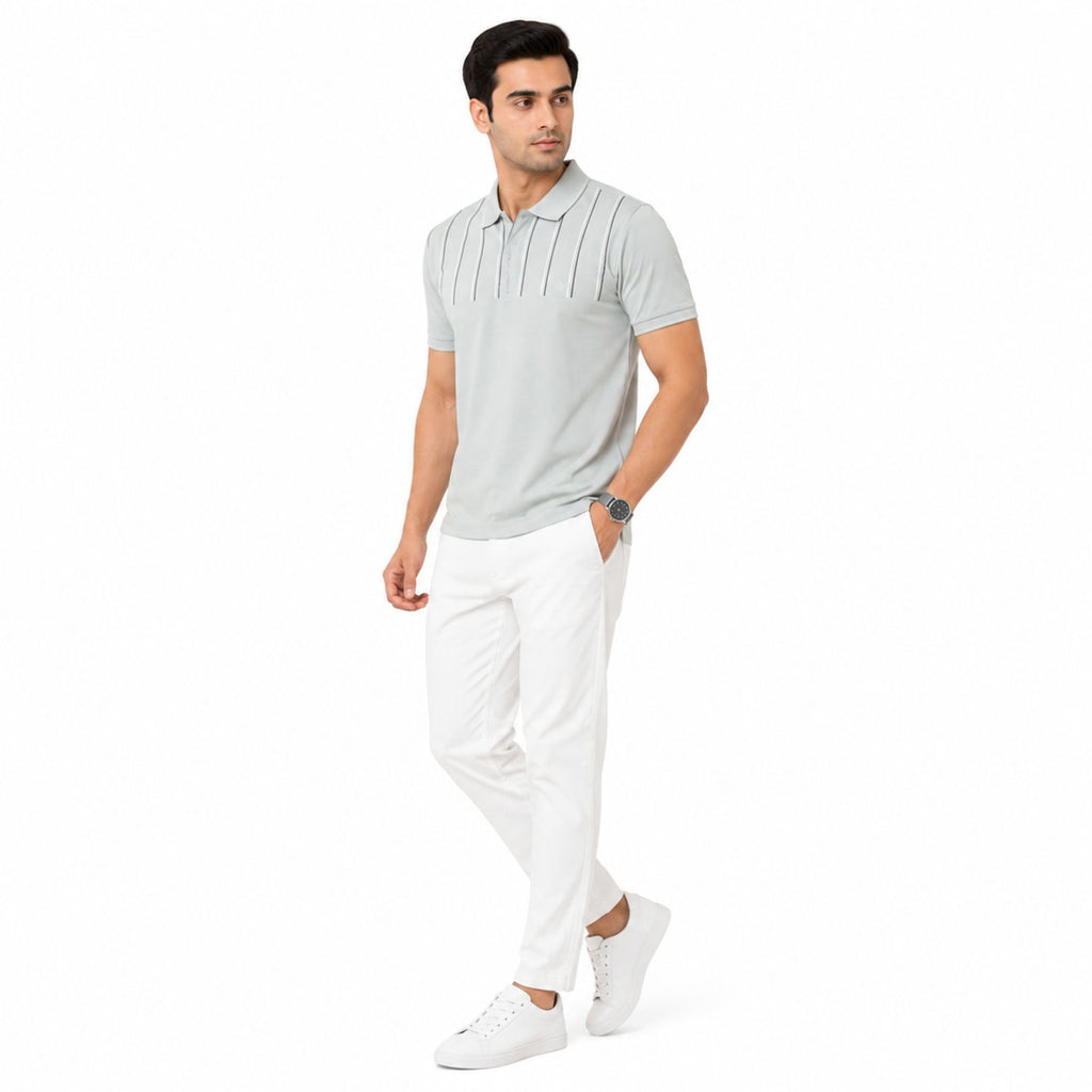 Men's Light Grey Textured Polo T-Shirt-3