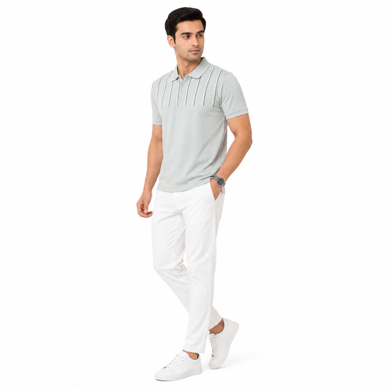 Men's Light Grey Textured Polo T-Shirt-3
