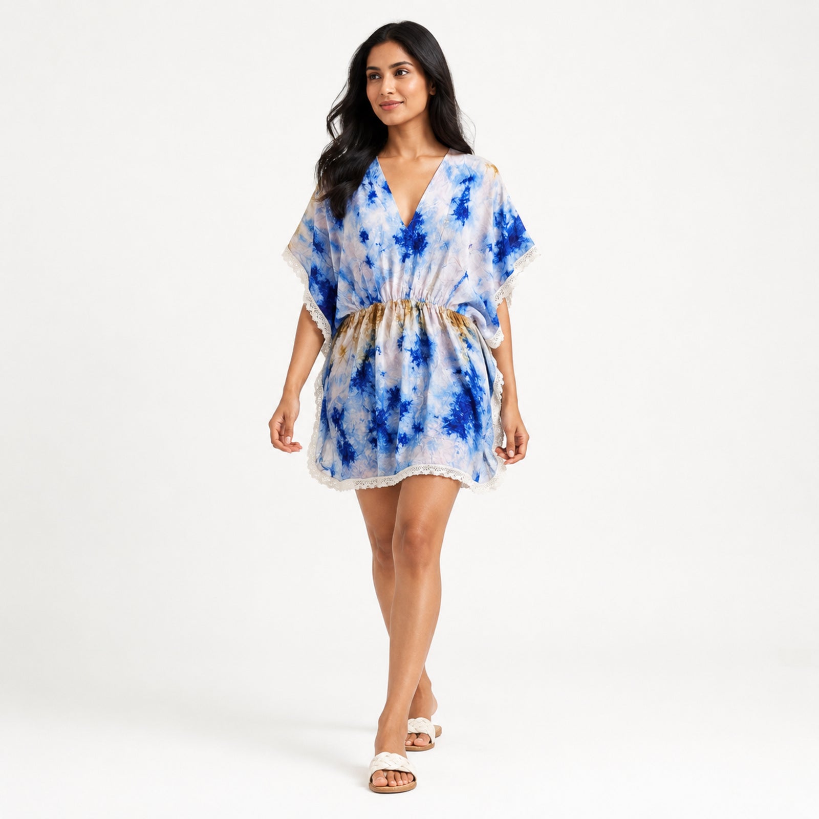 Women's Blue Tie-Dye Lace Trim Kaftan Mini Dress | Resort Wear Cover-Up-1