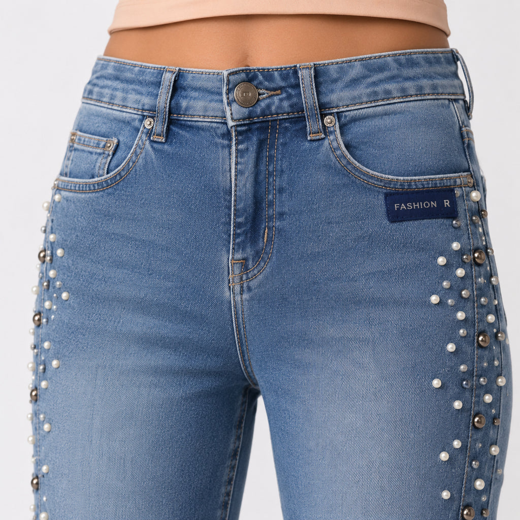 Women's Shimmering Diamond Studded Light Blue Bootcut Jeans-2