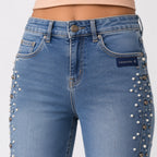 Women's Shimmering Diamond Studded Light Blue Bootcut Jeans-2